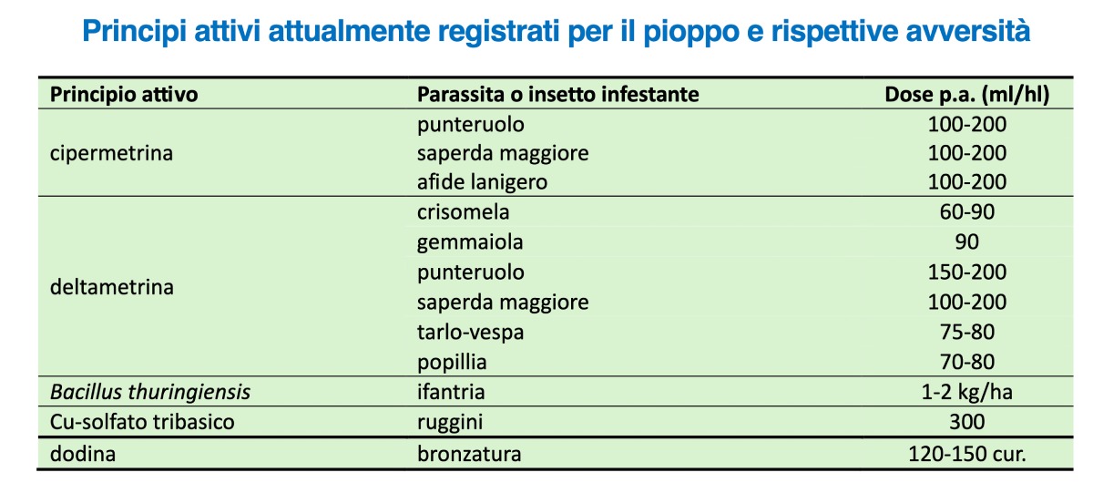 Tabella dei principi attivi attualmente registrati per il pioppo e rispettive avversità